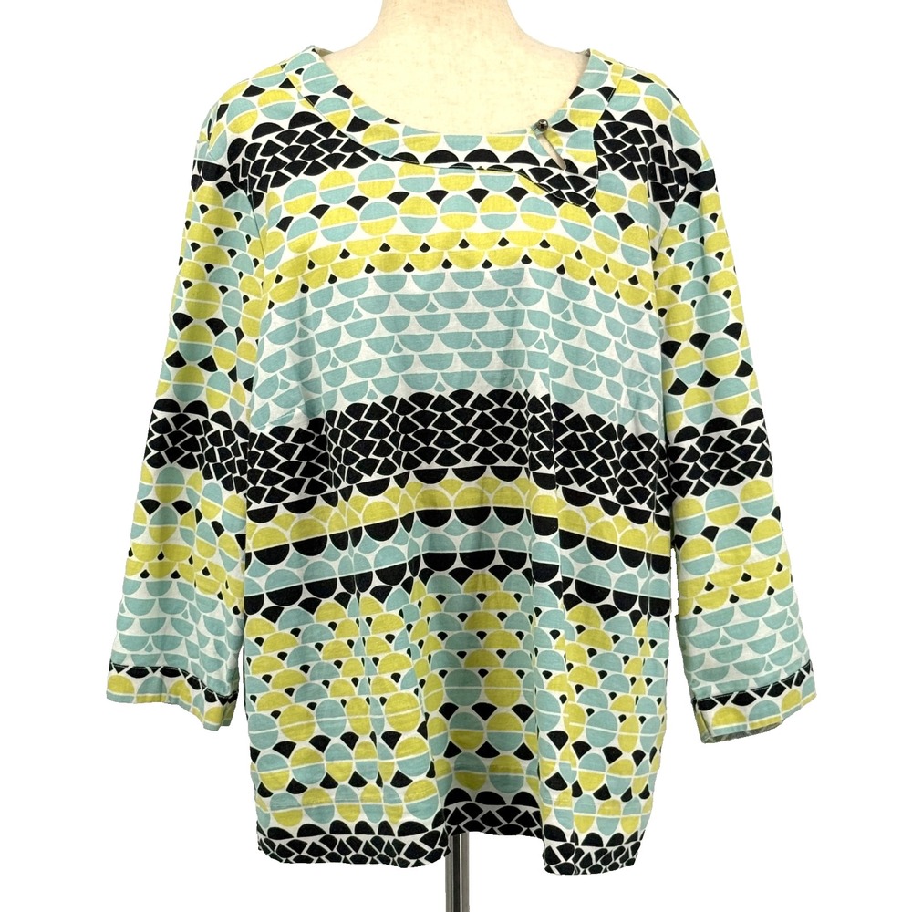 Hot Cotton Womens Top 2X Linen Cotton Geometric Artsy Modern Relaxed Fit‎ Tunic